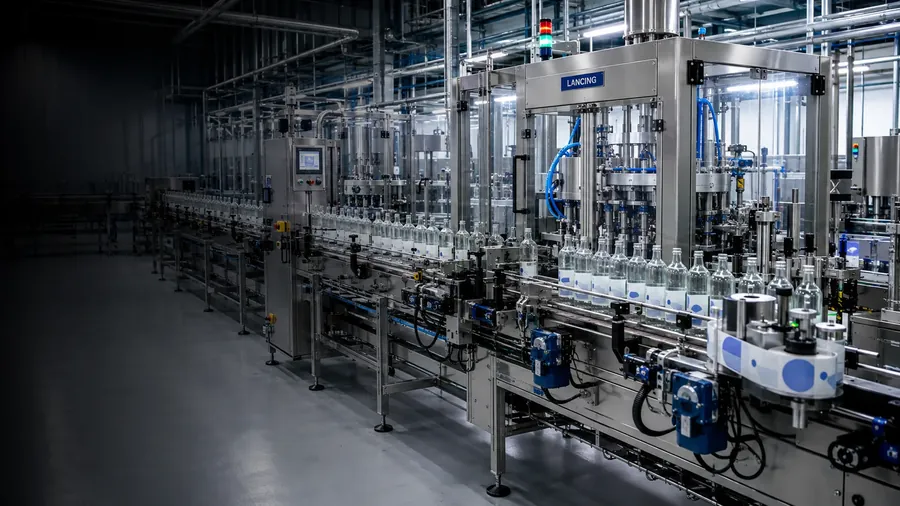 Integrated bottling line filling and moving containers through production