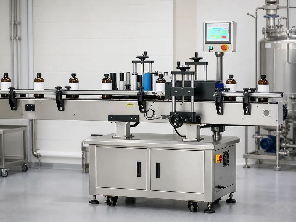 Automatic labelling machine applying labels on a packaging line
